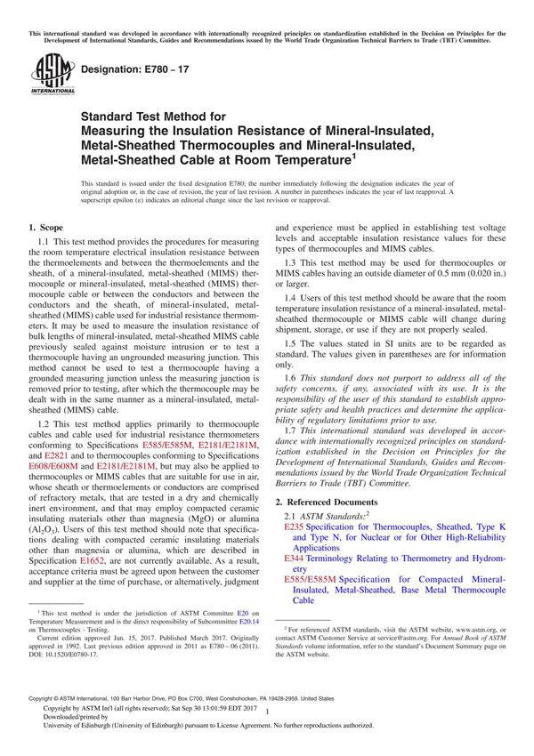 ASTM E780-17 Standard Test Method for Measuring the Insulation Resistance of Mineral-Insulated, Metal-Sheathed Thermocouples and