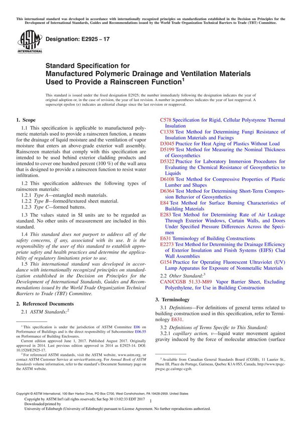 ASTM E2925-17 Standard Specification for Manufactured Polymeric Drainage and Ventilation Materials Used to Provide a Rainscreen