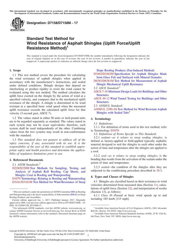 ASTM D7158 D7158M-17 Standard Test Method for Wind Resistance of Asphalt Shingles (Uplift ForceUplift Resistance Method)
