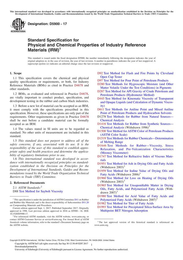 ASTM D5900-17 Standard Specification for Physical and Chemical Properties of Industry Reference Materials (IRM)