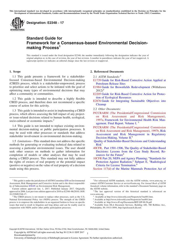 ASTM E2348-17 Standard Guide for Framework for a Consensus-based Environmental Decision-making Proce