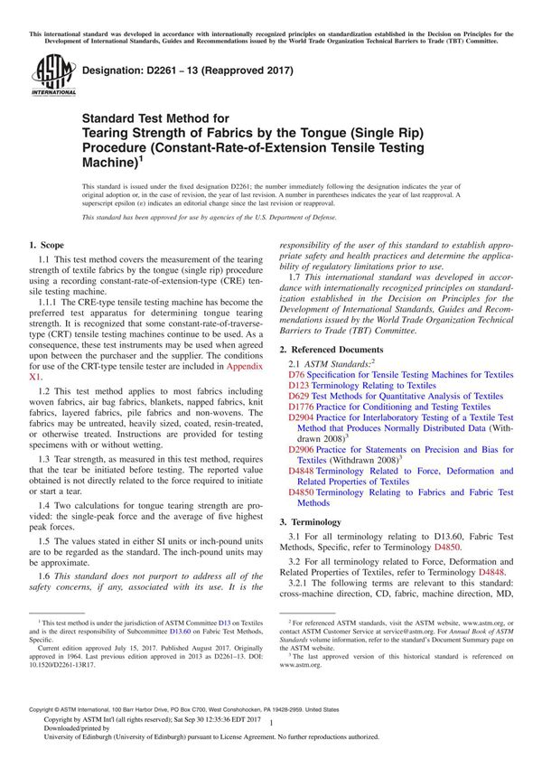 ASTM D2261-13(2017) Standard Test Method for Tearing Strength of Fabrics by the Tongue (Single Rip) Procedure (Constant-Rate-of-