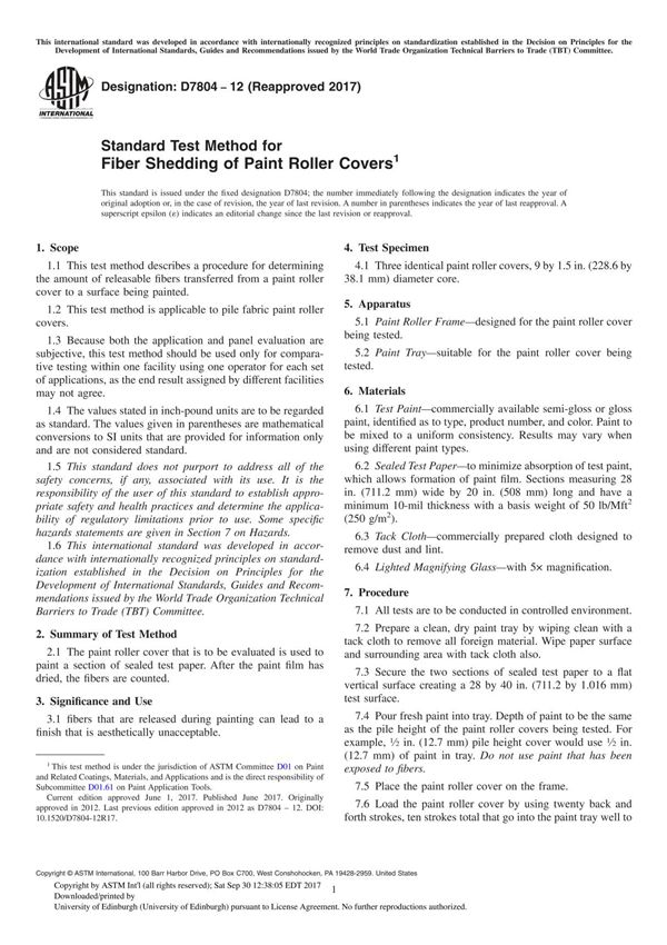 ASTM D7804-12(2017) Standard Test Method for Fiber Shedding of Paint Roller Cover