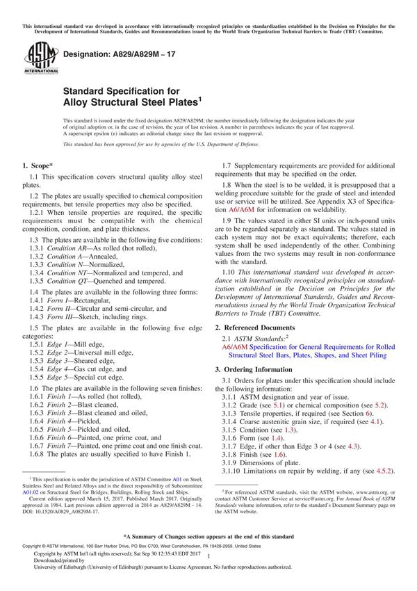 ASTM A829 A829M-17 Standard Specification for Alloy Structural Steel Plate