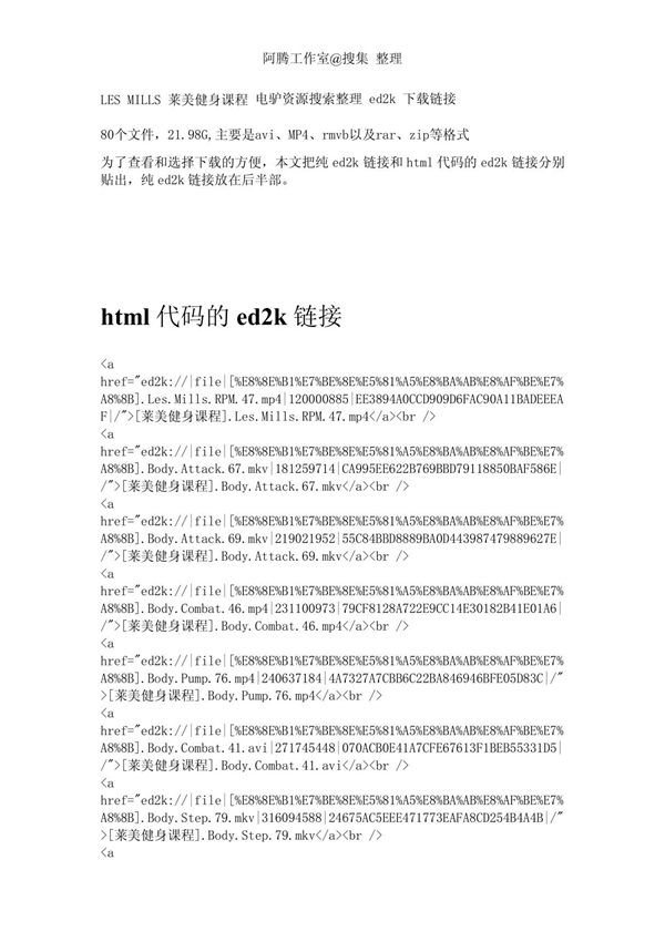 LES MILLS 莱美健身课程 电驴资源搜索整理 ed2k 下载链接