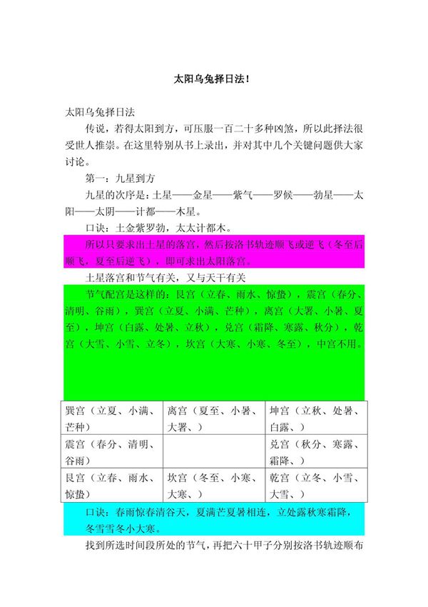 太阳乌兔择日法