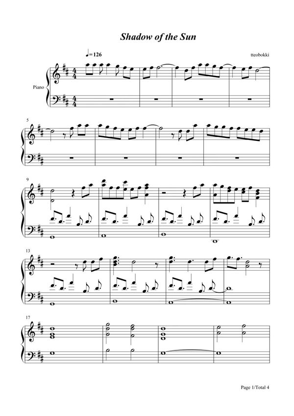 钢琴谱 Shadow of the Sun-Max Elto 五线谱 共4张(全)
