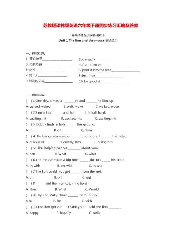 苏教译林版英语六年级下册全册同步练习汇编及答案