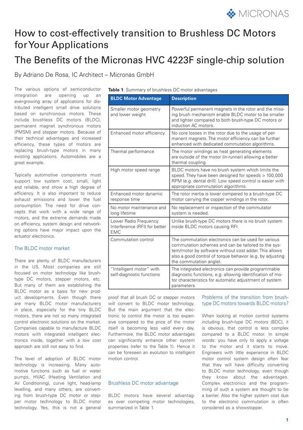 BLDC Motor control with the Micronas HVC 4223F