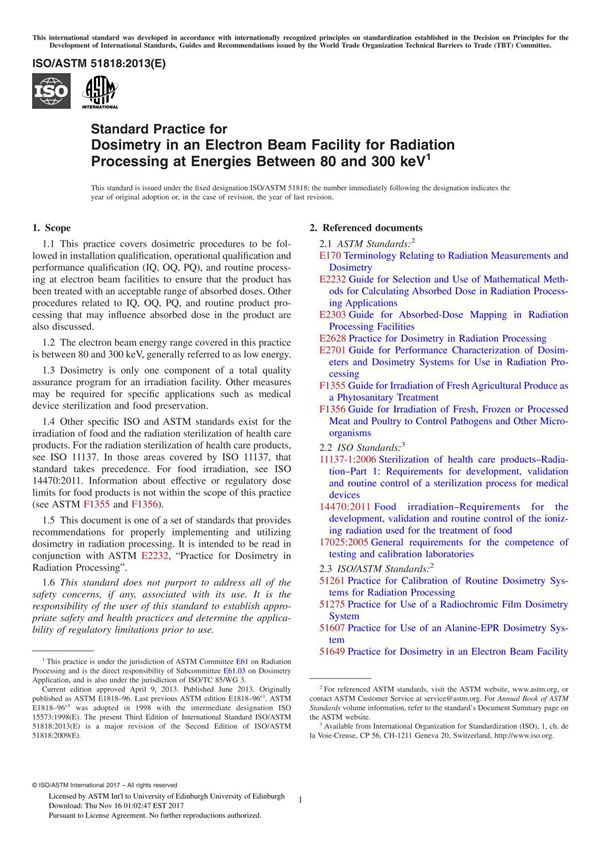 ASTM ISO ASTM 51818-13 Standard Practice for Dosimetry in an Electron Beam Facility for Radiation Processing at Energies Between