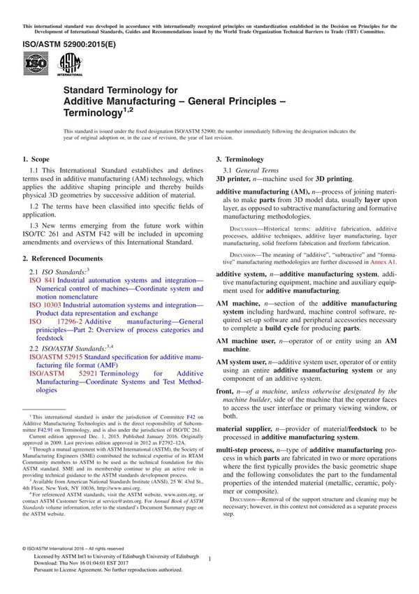 ASTM ISO ASTM 52900-15 Standard Terminology for Additive Manufacturing – General Principles – Terminology1, 2