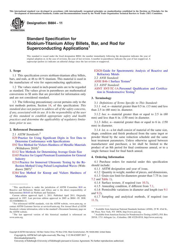 ASTM B884 11 Standard Specification for Niobium-Titanium Alloy Billets, Bar, and Rod for Superconducting Applications1