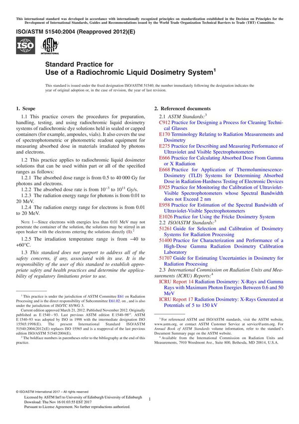 ASTM ISO ASTM 51540-04(2012) Standard Practice for Use of a Radiochromic Liquid Dosimetry System