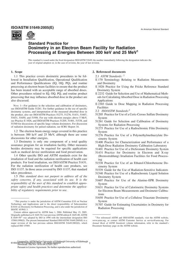 ISO ASTM51649 - 05 Standard Practice for Dosimetry in an Electron Beam Facility for Radiation Processing at Energies Between 30