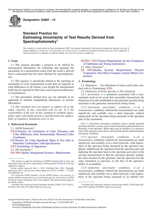 ASTM E2867 14 Standard Practice for Estimating Uncertainty of Test Results Derived from Spectrophotometry1