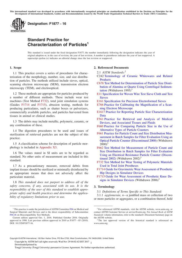 ASTM F1877-16 Standard Practice for Characterization of Particle