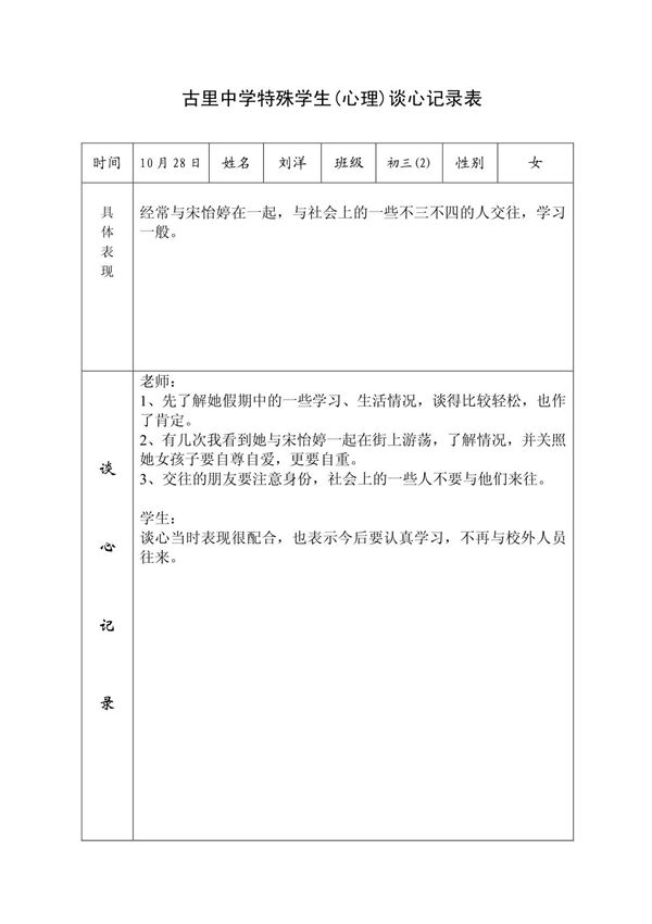 古里中学特殊学生(心理)谈心记录表