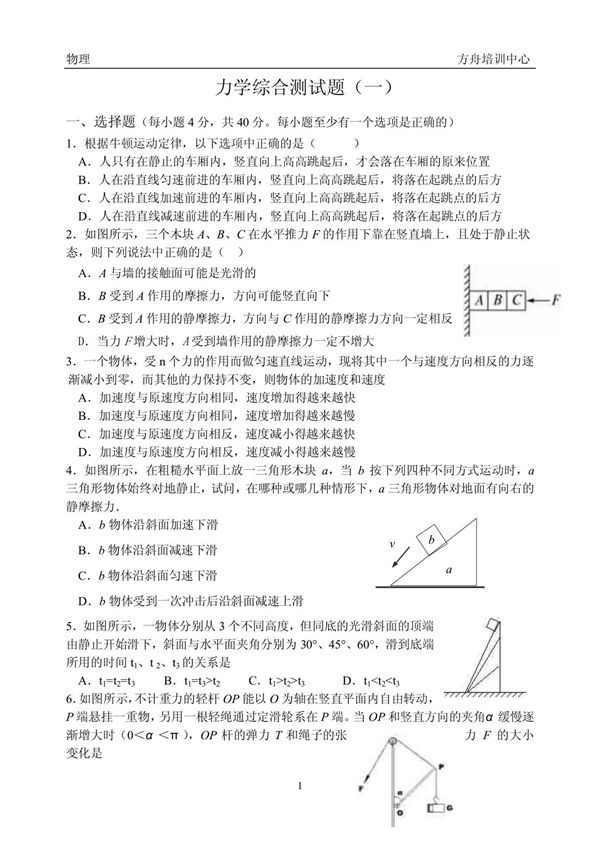 高中物理力学能力综合测试题(一)