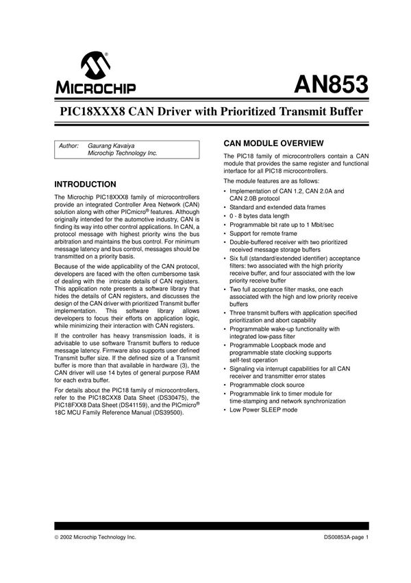 AN853, PIC18XXX8 CAN Driver with Prioritized an853,pic18xxx8可以驱动优先...