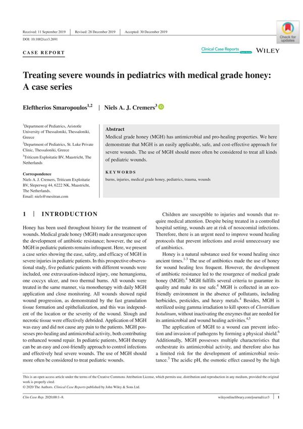 Treating severe wounds in pediatrics with medical grade honey A case series 2020 Eleftherios Smaropoulos
