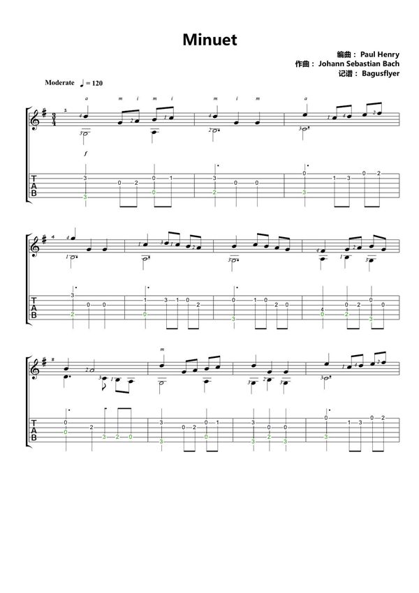 巴赫《小步舞曲 - Minuet》简单版指弹吉他谱