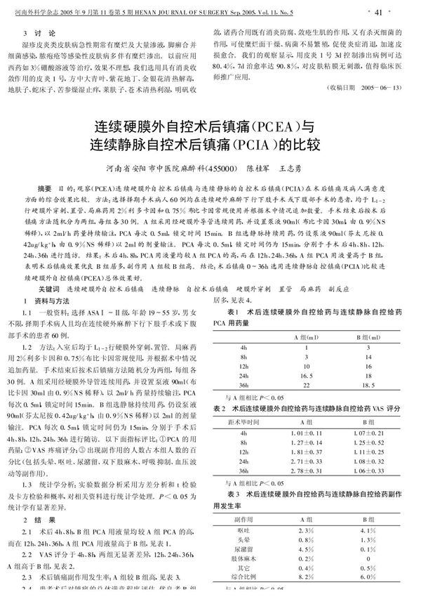 连续硬膜外自控术后镇痛(PCEA)与连续静脉自控术后镇痛(PCIA)的比较