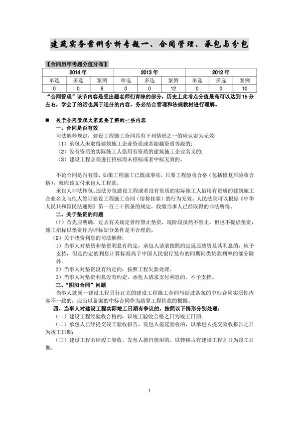 备考2017年一级建造师建筑实务案例分析专题笔记专题01 合同管理 承包与分包