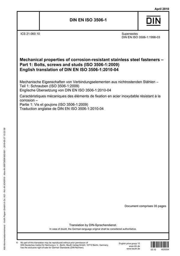 ISO 3506-1 stainless steel fasteners bolts screws and studs