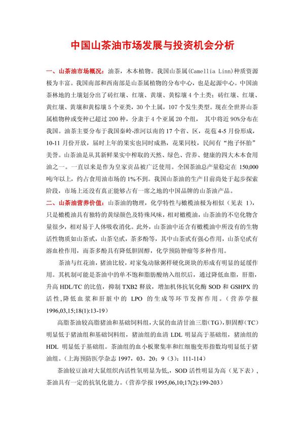 中国山茶油市场发展及投资分析