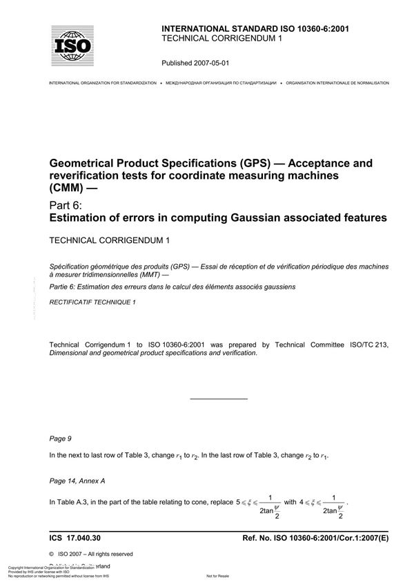 ISO 10360-6 Geometrical Product Specifications (GPS) Acceptance and reverification tests for coordinate measuring machines (C
