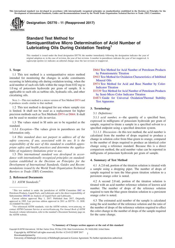 ASTM D5770-11(2017) Standard Test Method for Semiquantitative Micro Determination of Acid Number of Lubricating Oils During Oxid