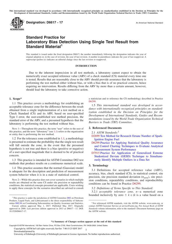 ASTM D6617-17 Standard Practice for Laboratory Bias Detection Using Single Test Result from Standard Material
