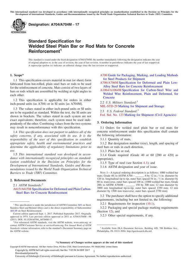 ASTM A704 A704M-17 Standard Specification for Welded Steel Plain Bar or Rod Mats for Concrete Reinforcement