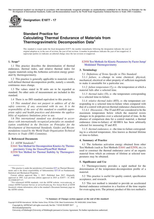 ASTM E1877-17 Standard Practice for Calculating Thermal Endurance of Materials from Thermogravimetric Decomposition Data