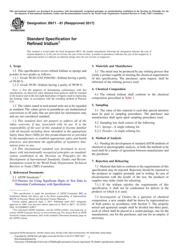 ASTM B671-81(2017) Standard Specification for Refined Iridium