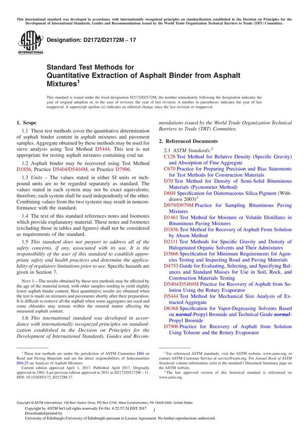 ASTM D2172 D2172M-17 Standard Test Methods for Quantitative Extraction of Asphalt Binder from Asphalt Mixture