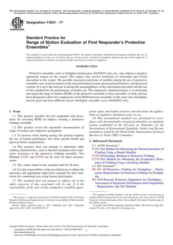ASTM F3031-17 Standard Practice for Range of Motion Evaluation of First Responders Protective Ensemble