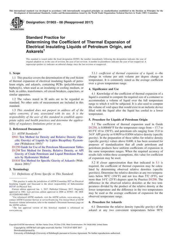 ASTM D1903-08(2017) Standard Practice for Determining the Coefficient of Thermal Expansion of Electrical Insulating Liquids of P