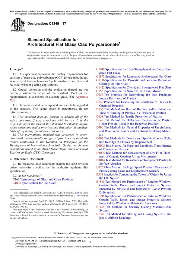 ASTM C1349-17 Standard Specification for Architectural Flat Glass Clad Polycarbonate