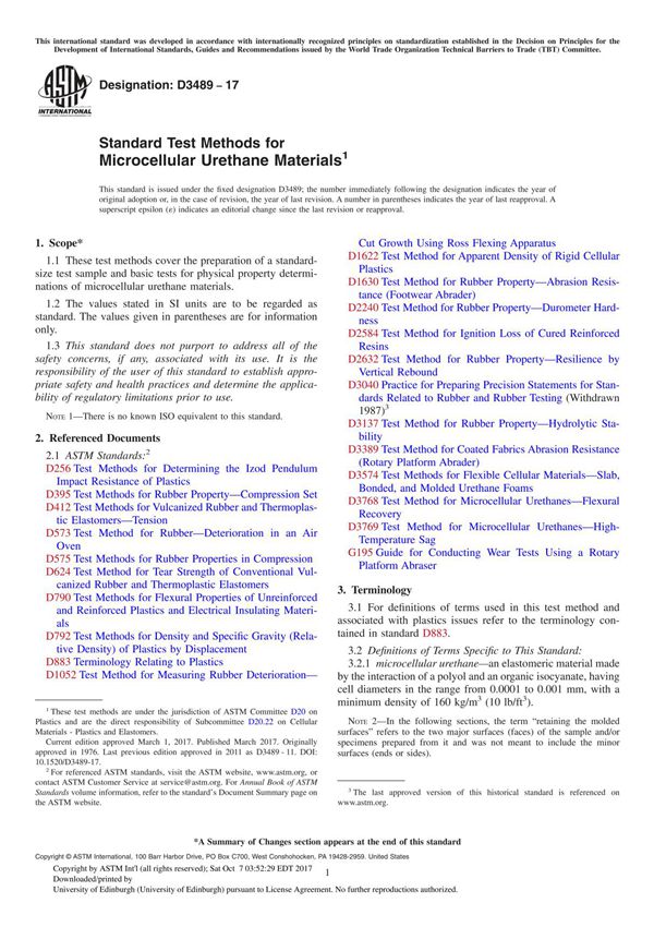ASTM D3489-17 Standard Test Methods for Microcellular Urethane Material