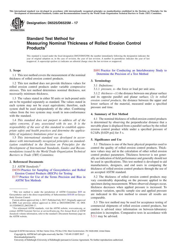 ASTM D6525D6525M-17 Standard Test Method for Measuring Nominal Thickness of Rolled Erosion Control Product