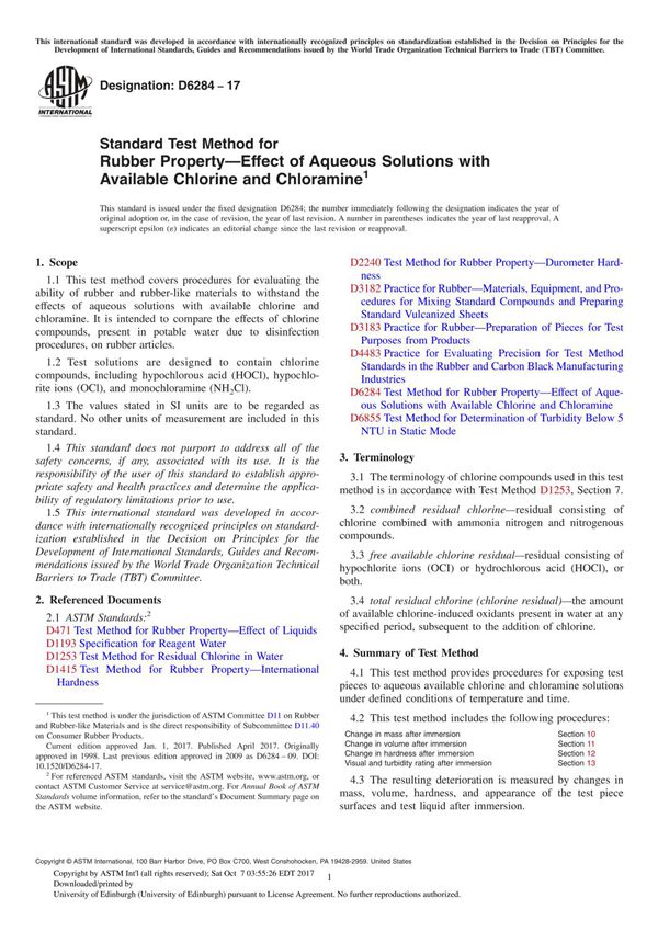 ASTM D6284-17 Standard Test Method for Rubber PropertyEffect of Aqueous Solutions with Available Chlorine and Chloramine