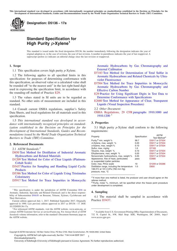 ASTM D5136-17a Standard Specification for High Purity p-Xylene
