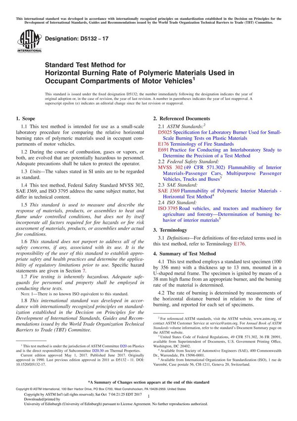 ASTM D5132-17 Standard Test Method for Horizontal Burning Rate of Polymeric Materials Used in Occupant Compartments of Motor Veh