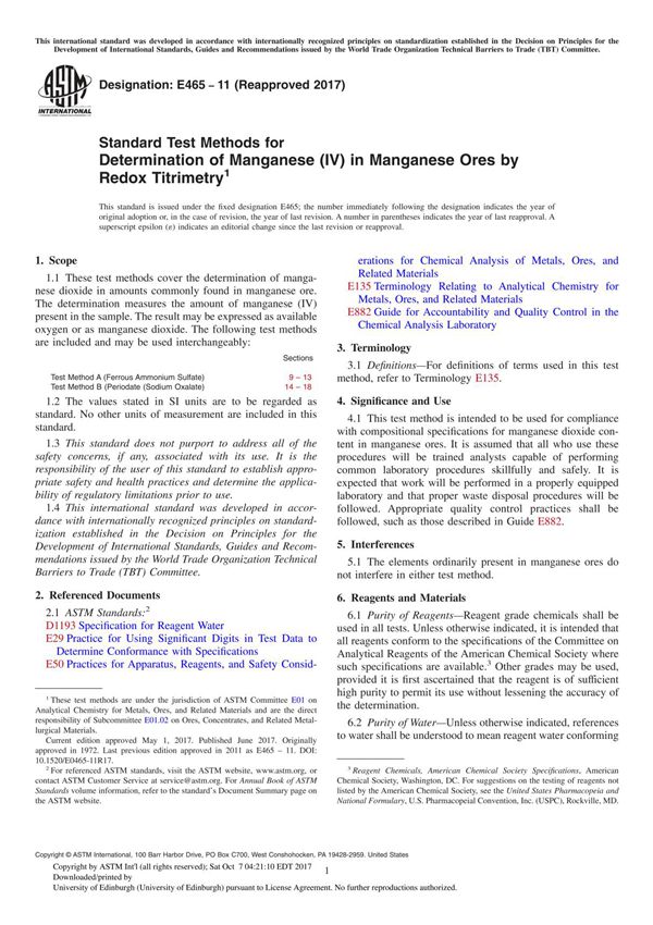 ASTM E465-11(2017) Standard Test Methods for Determination of Manganese (IV) in Manganese Ores by Redox Titrimetry
