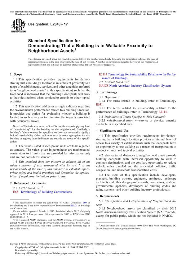 ASTM E2843-17 Standard Specification for Demonstrating That a Building is in Walkable Proximity to Neighborhood Asset