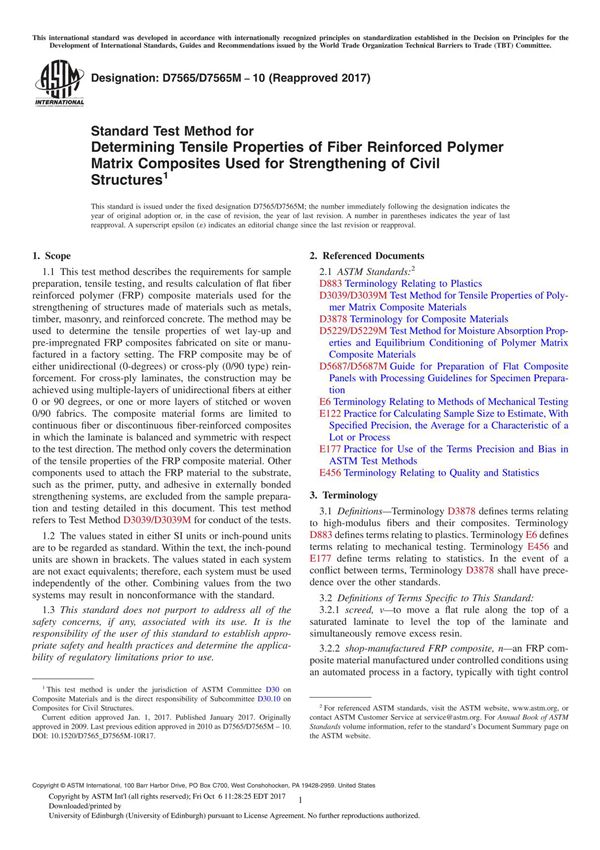 ASTM D7565 D7565M-10(2017) Standard Test Method for Determining Tensile Properties of Fiber Reinforced Polymer Matrix Composite