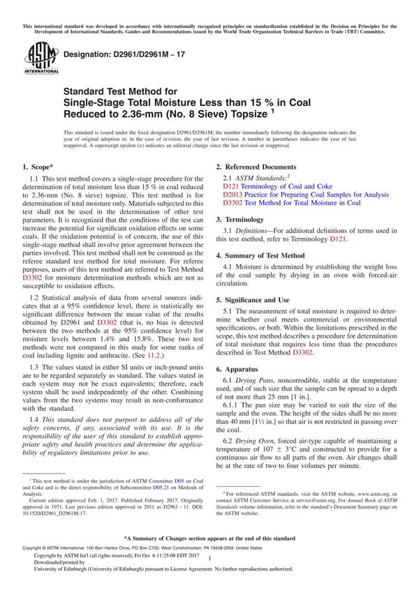 ASTM D2961 D2961M-17 Standard Test Method for Single-Stage Total Moisture Less than 15 % in Coal Reduced to 2.36-mm (No. 8 Sieve