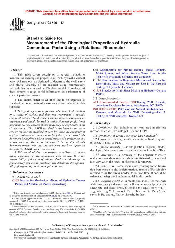 ASTM C1749 - 17 Standard Guide for Measurement of the Rheological Properties of Hydraulic Cementious Paste Using a Rotational Rh