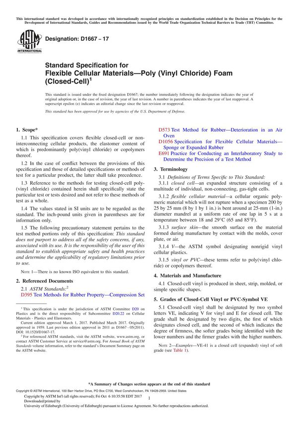 ASTM D1667-17 Standard Specification for Flexible Cellular MaterialsPoly (Vinyl Chloride) Foam (Closed-Cell)